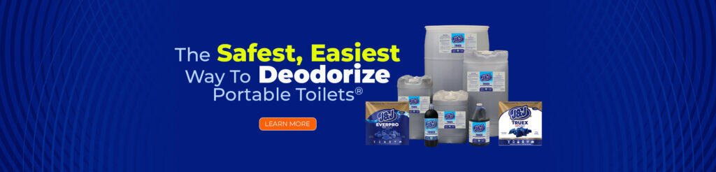 Full line of J&J Portable Restroom Deodorizers including liquid, packets, and tablets
